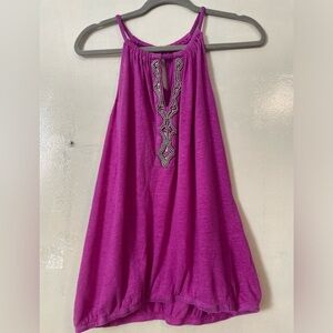 INC Linen y2K tank top beaded keyhole elastic waist embroidery